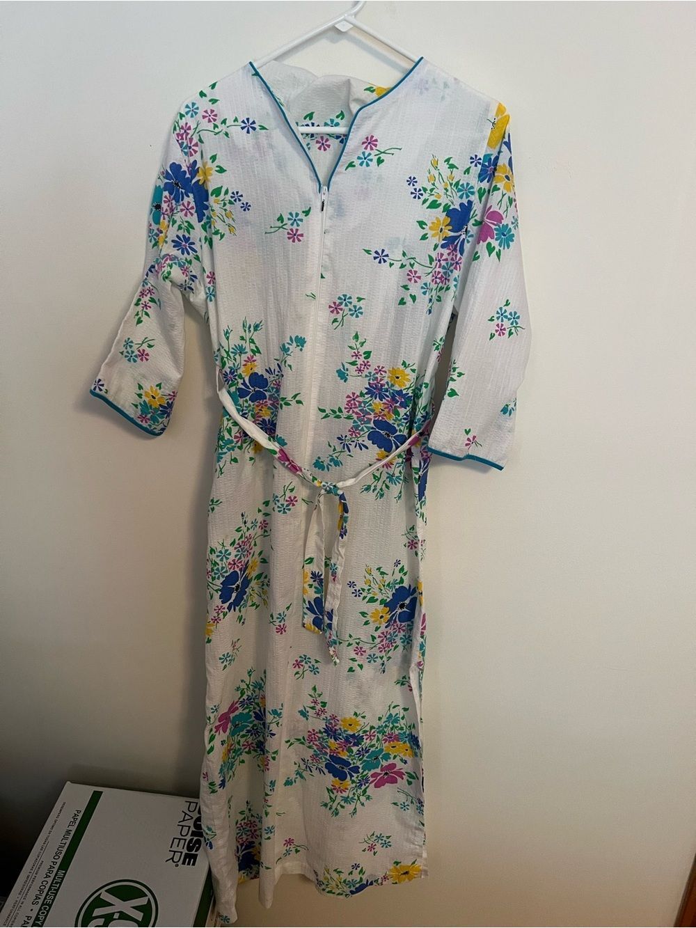 White Floral Tie Robe with Blue Trim